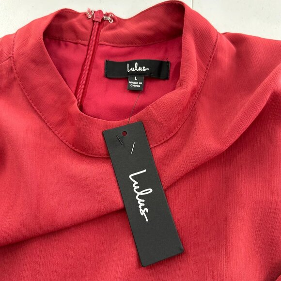 Lulus Red Long-Sleeve Cutout Waist Mini Dress Size L Ruffle Rusty Rose Mock Neck - Picture 2 of 14